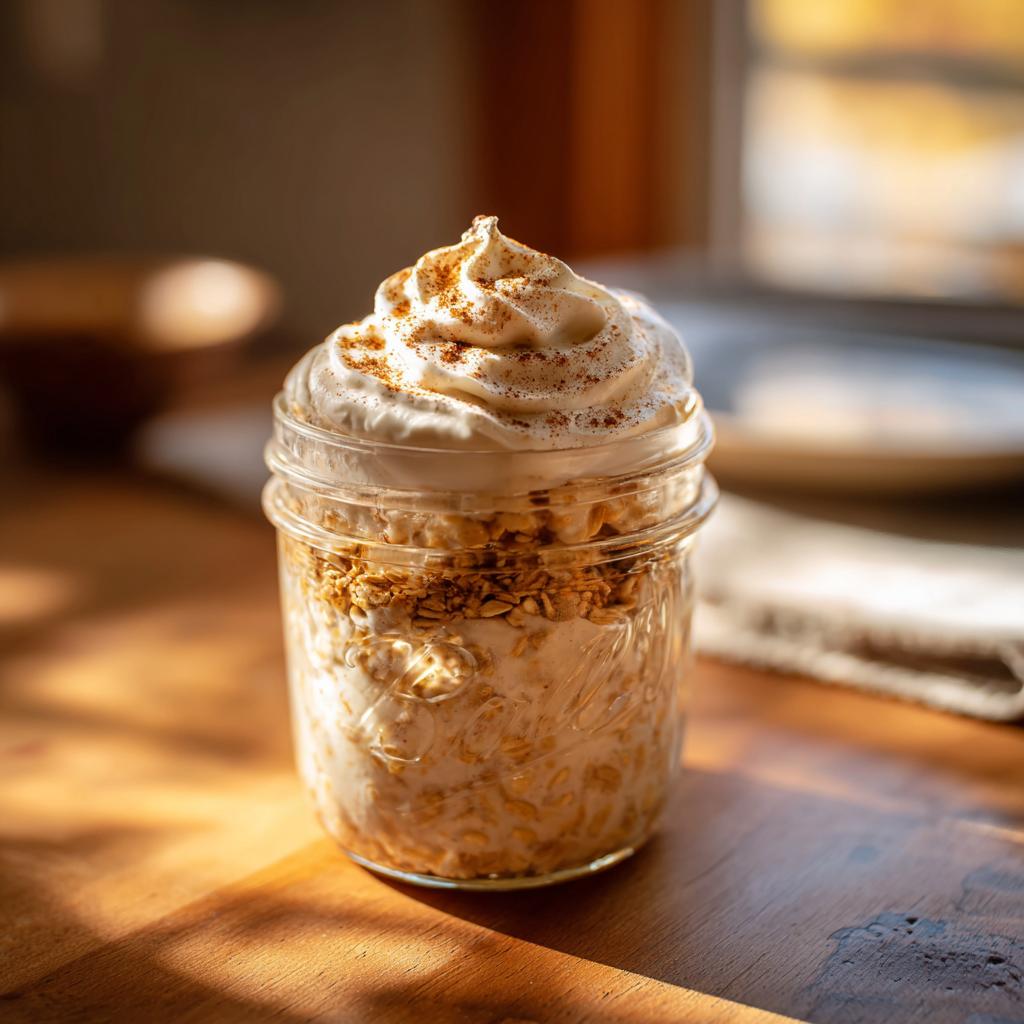 A jar of cinnamon roll overnight oats topped with whipped cream and cinnamon, perfect for breakfast ideas.