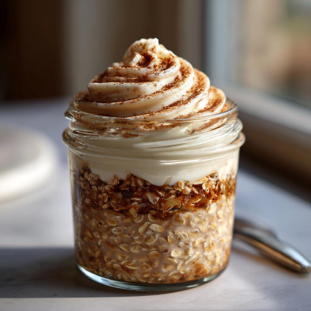 A delicious jar of Cinnamon Roll Overnight Oats, topped with whipped cream and cinnamon.