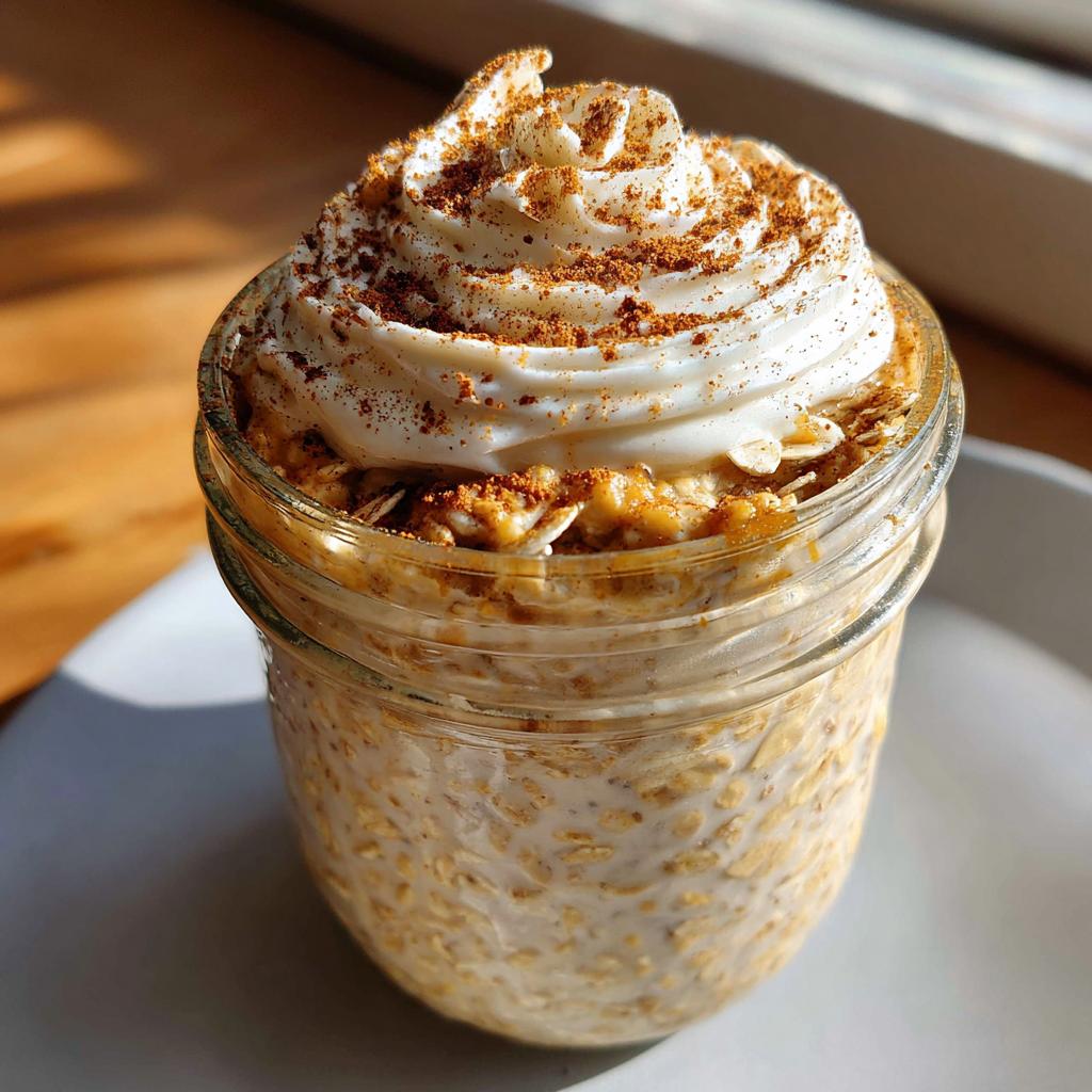 A jar of cinnamon roll overnight oats topped with whipped cream and cinnamon, perfect for breakfast ideas.