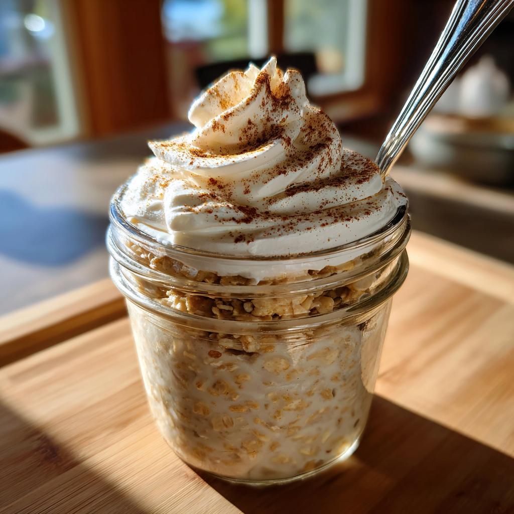 Close-up of cinnamon roll overnight oats in a mason jar, topped with whipped cream and cinnamon. Perfect for breakfast ideas.
