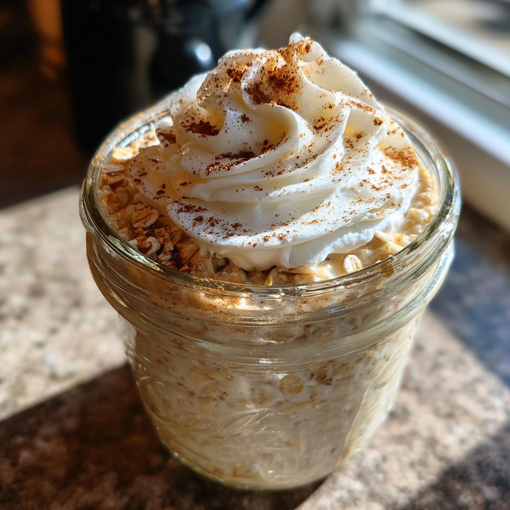 A delicious jar of Cinnamon Roll Overnight Oats, topped with whipped cream and cinnamon, perfect for meal prep.