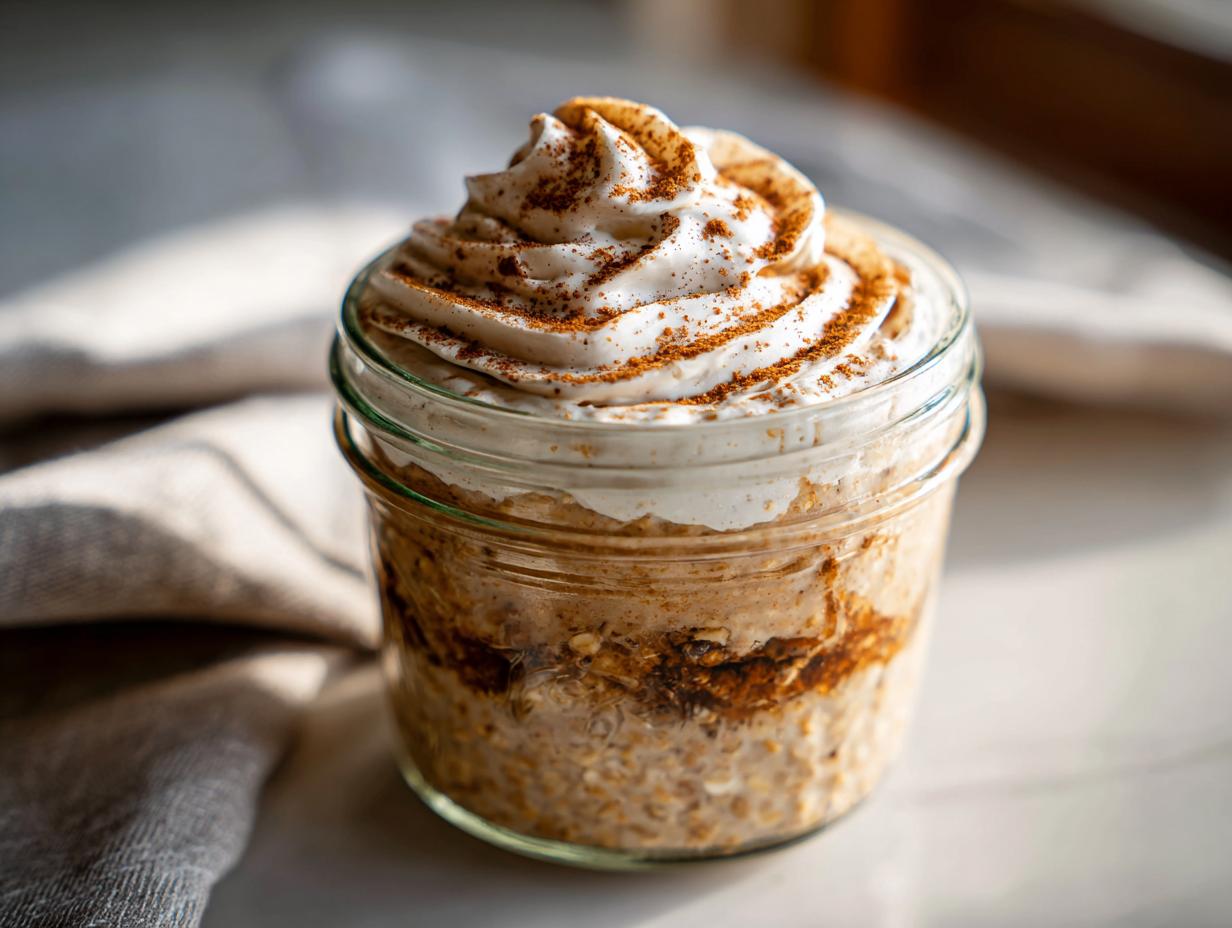 A jar of cinnamon roll overnight oats topped with whipped cream and cinnamon, perfect for breakfast ideas.