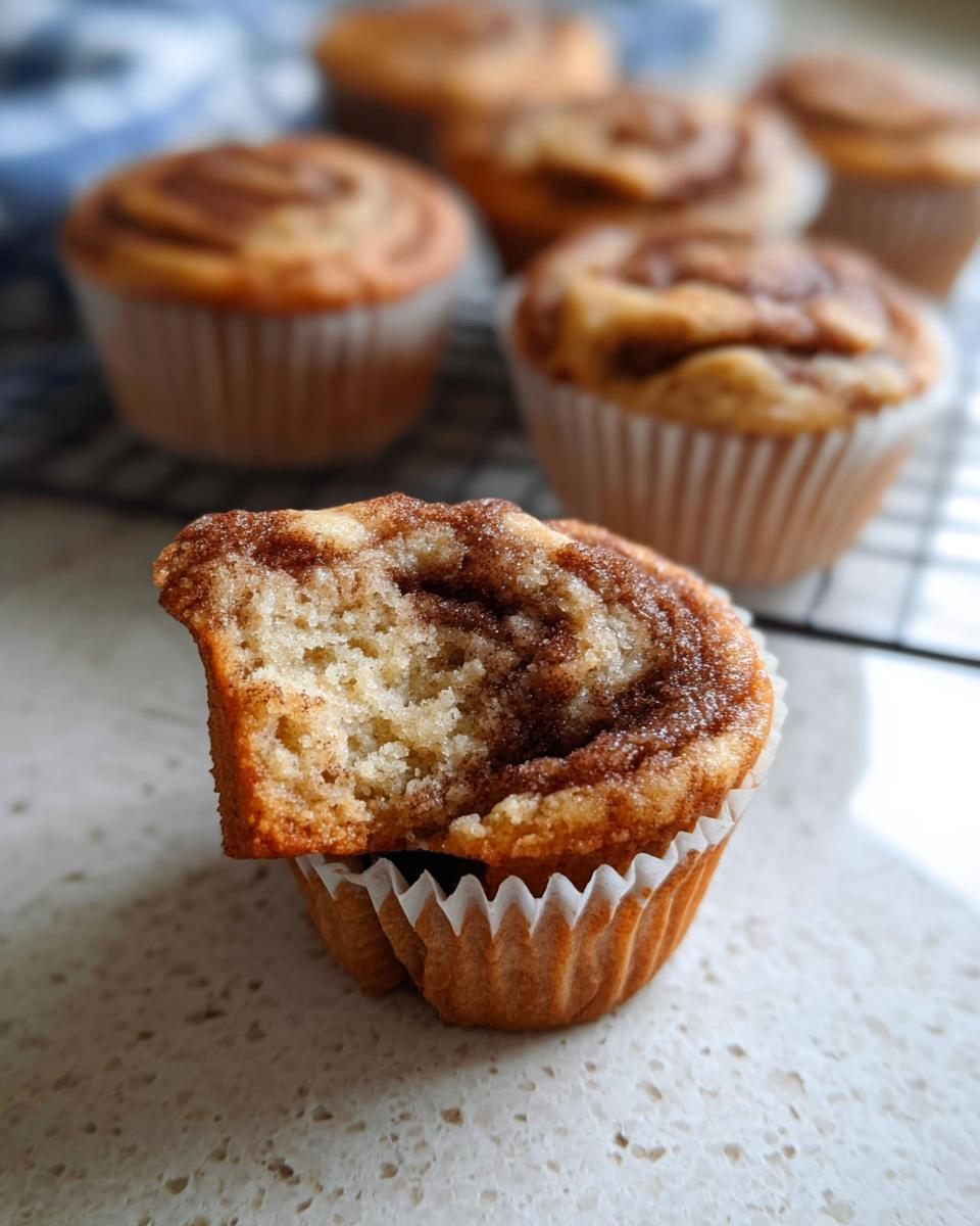 A close-up of a Cinnamon Roll Protein Muffin with a bite taken out, showing the swirled cinnamon inside.
