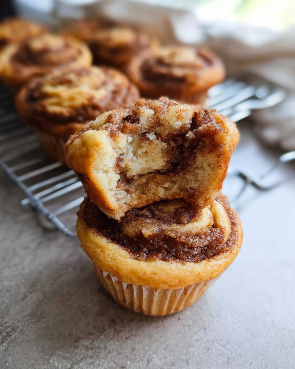 Close-up of a Cinnamon Roll Protein Muffin, with a bite taken out showing the swirled cinnamon filling.