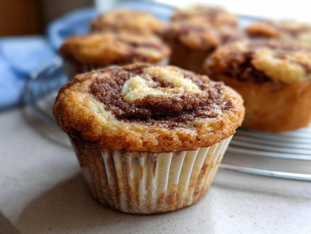 Close-up of a delicious Cinnamon Roll Protein Muffin with a swirl of cinnamon sugar on top.