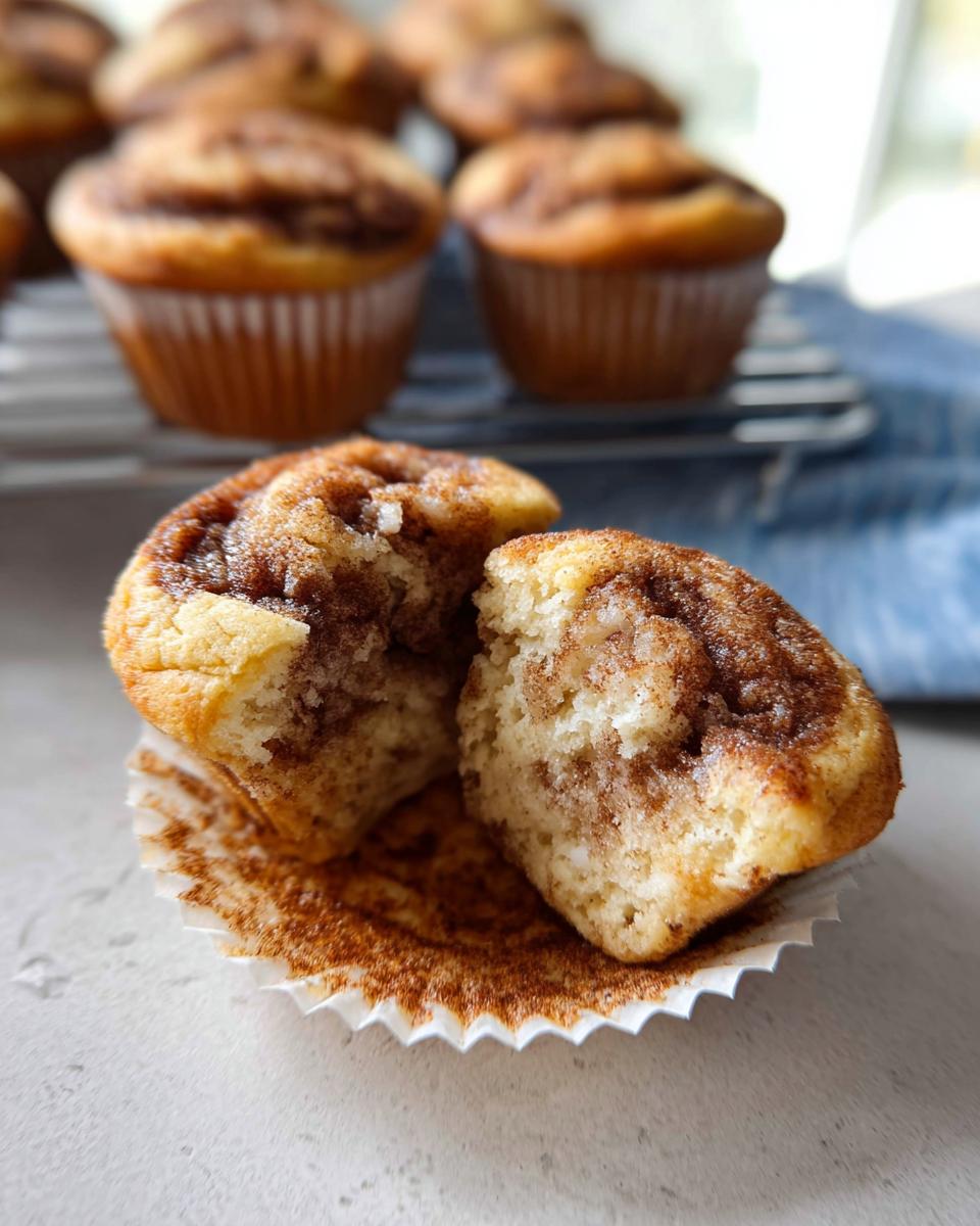 A close-up of a Cinnamon Roll Protein Muffin broken in half, revealing the swirled cinnamon filling.