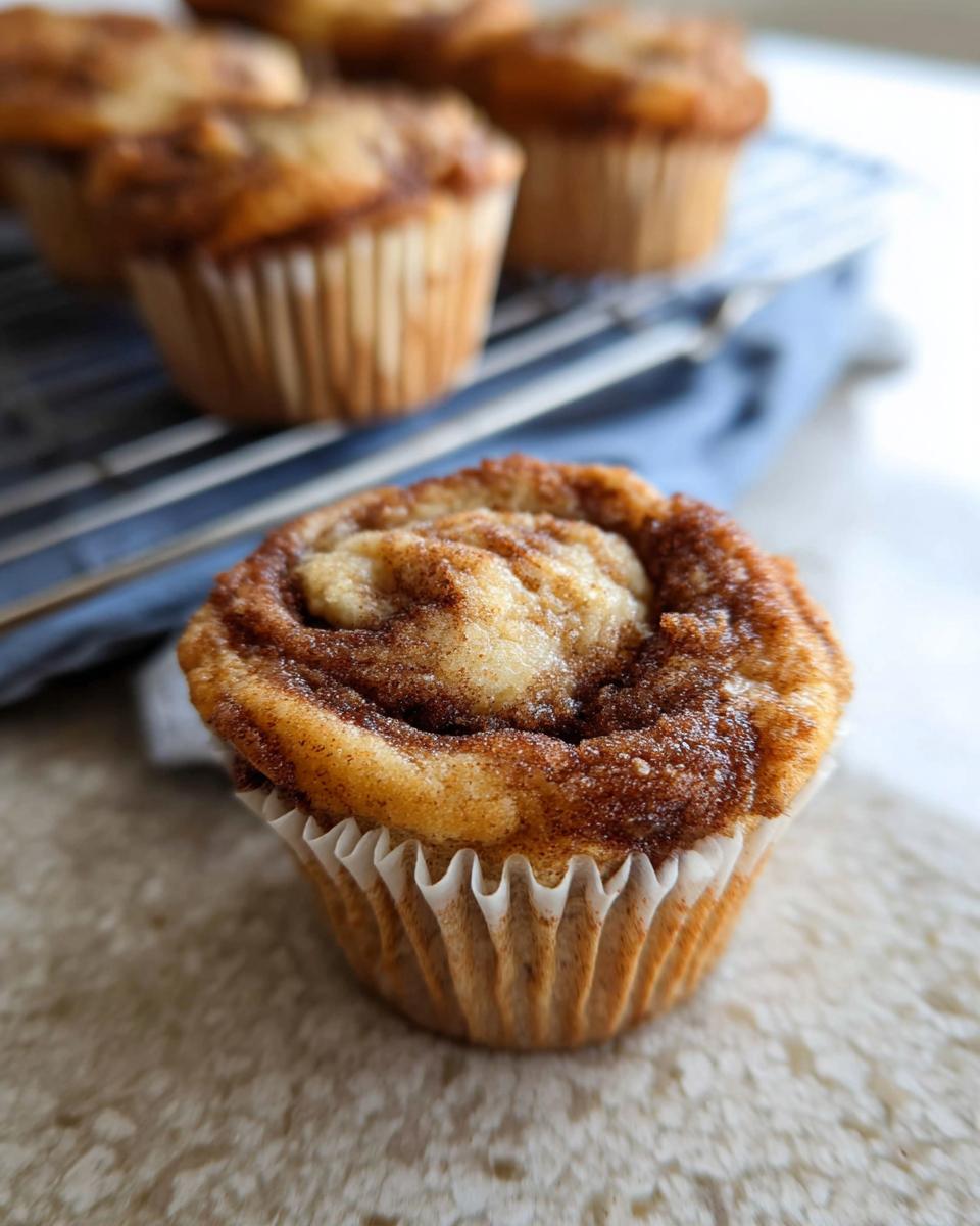Close-up of a Cinnamon Roll Protein Muffin with visible swirls of cinnamon and sugar.