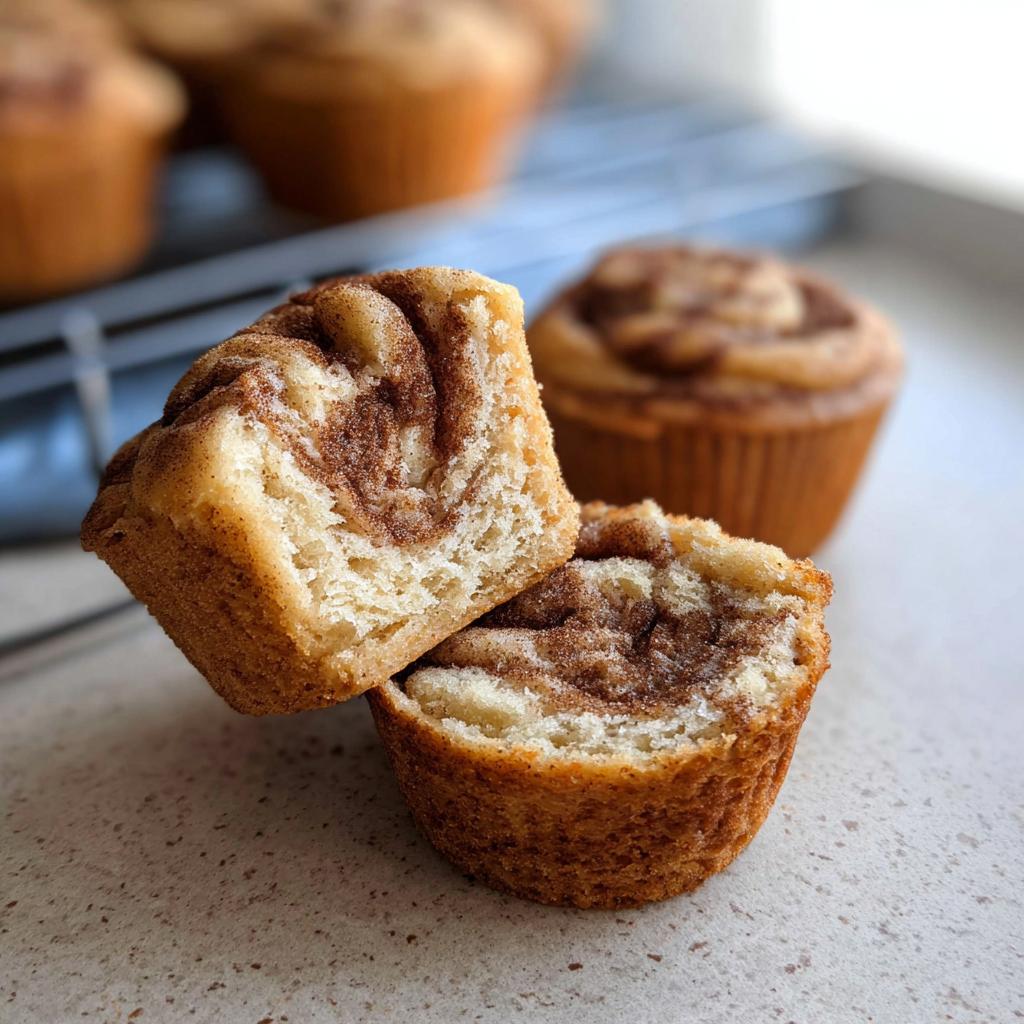 A close-up view of a Cinnamon Roll Protein Muffin, split in half to reveal the swirled cinnamon filling.