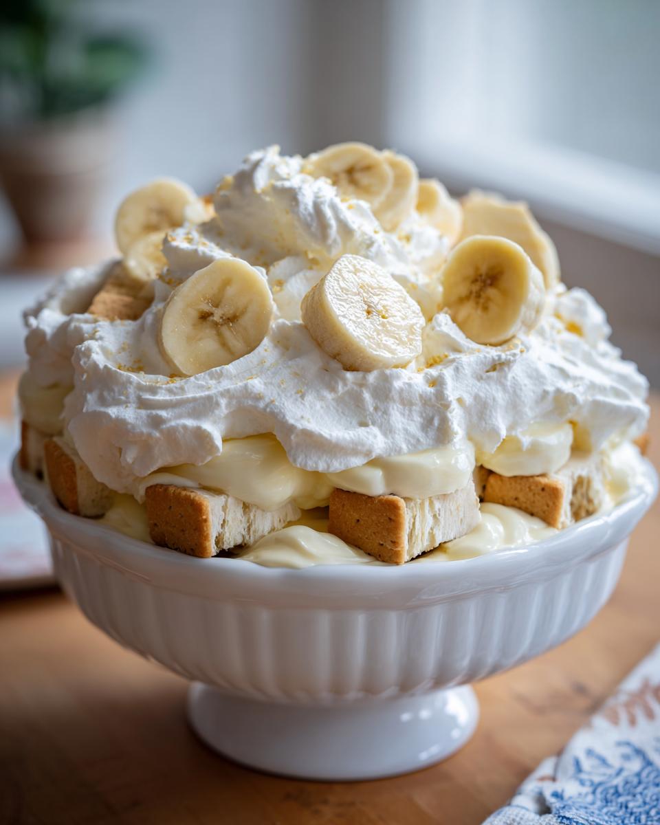 A tall, layered classic banana pudding with homemade whipped cream, fresh banana slices, and vanilla wafers.