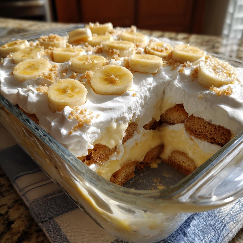 A glass dish filled with classic banana pudding, layered with cookies and topped with whipped cream and banana slices.
