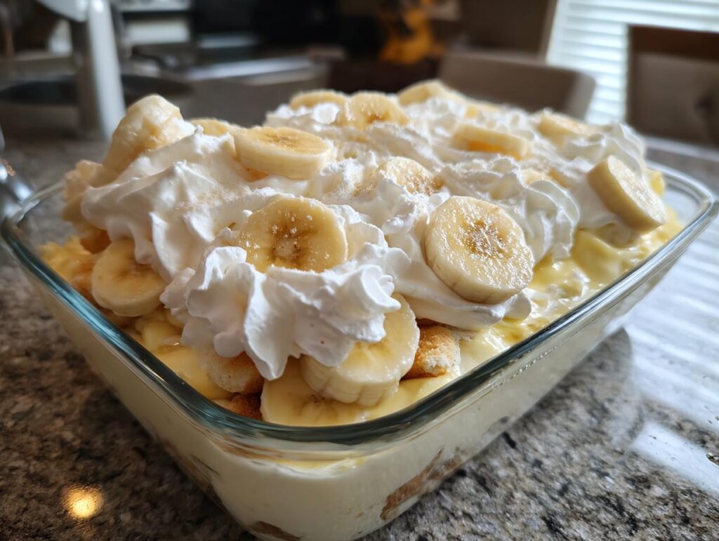 A close-up of a glass dish filled with classic banana pudding, topped with generous swirls of homemade whipped cream and fresh banana slices.