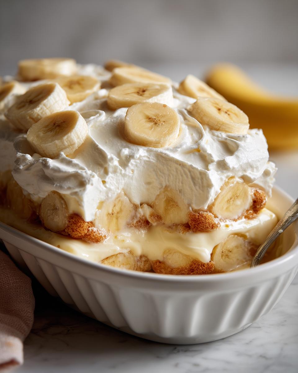 A close-up of classic banana pudding with layers of vanilla pudding, Nilla wafers, sliced bananas, and topped with homemade whipped cream and banana slices.