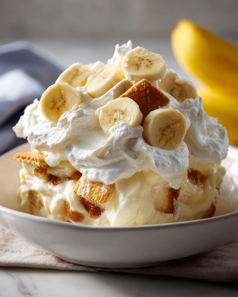 A generous serving of classic banana pudding with layers of vanilla wafers, creamy pudding, and fresh banana slices, topped with homemade whipped cream.