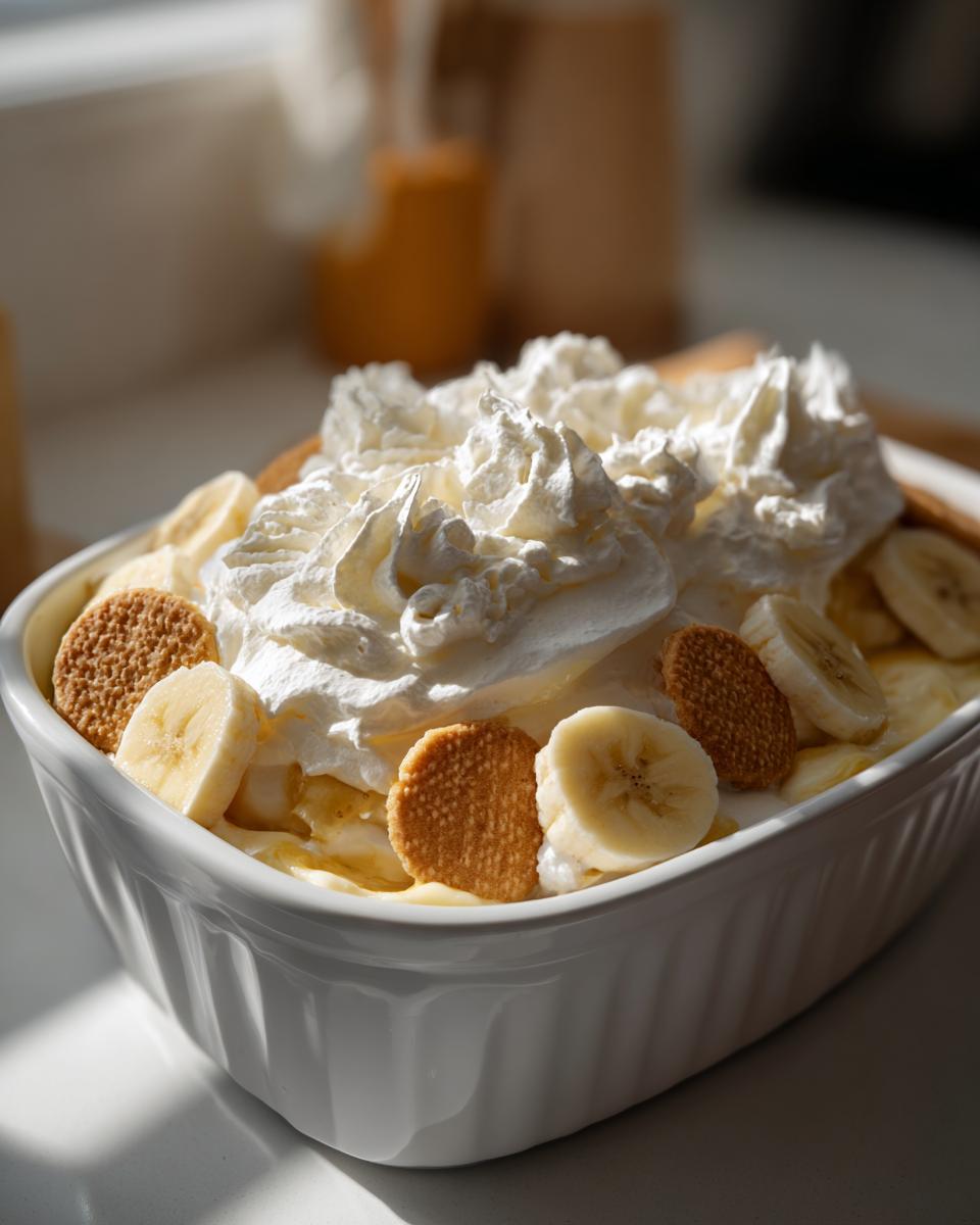 A white baking dish filled with classic banana pudding, topped with fresh bananas, vanilla wafers, and homemade whipped cream.