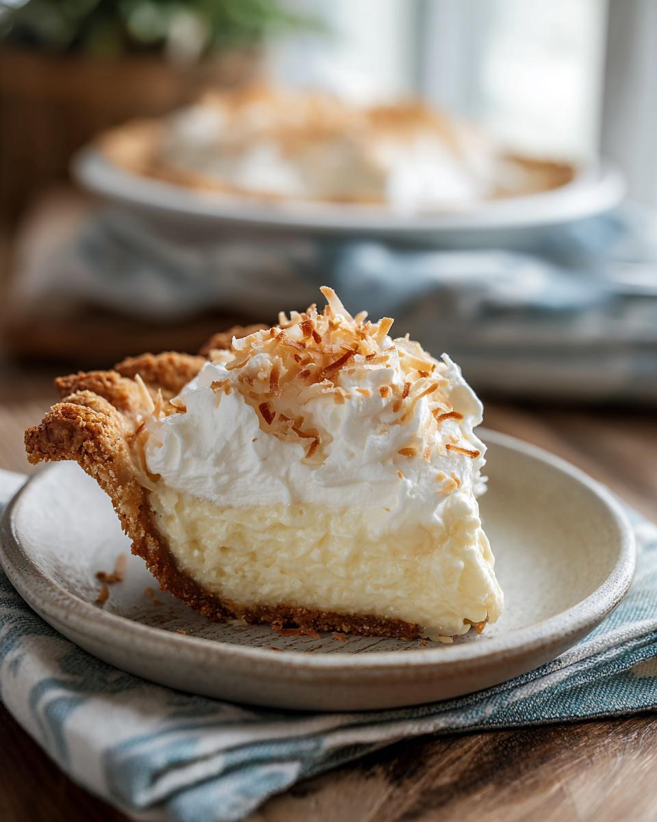 A delicious slice of coconut cream pie, topped with whipped cream and toasted coconut flakes, perfect for holiday dessert recipes.