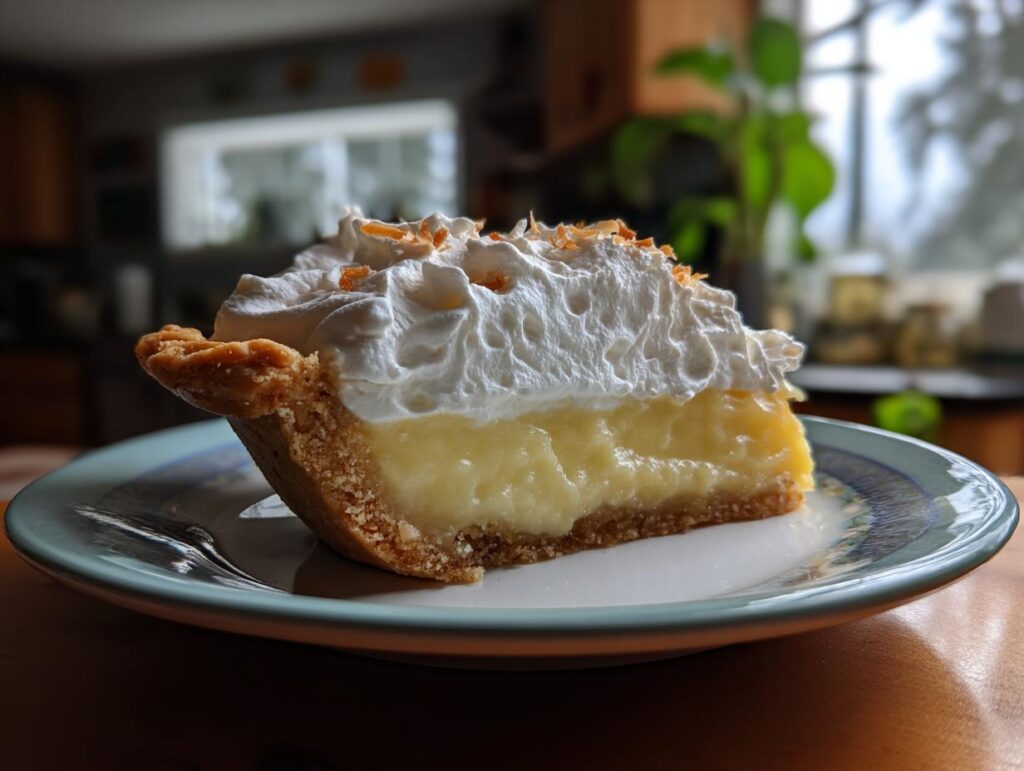 A delicious slice of coconut cream pie with whipped cream topping, perfect for dessert recipes.