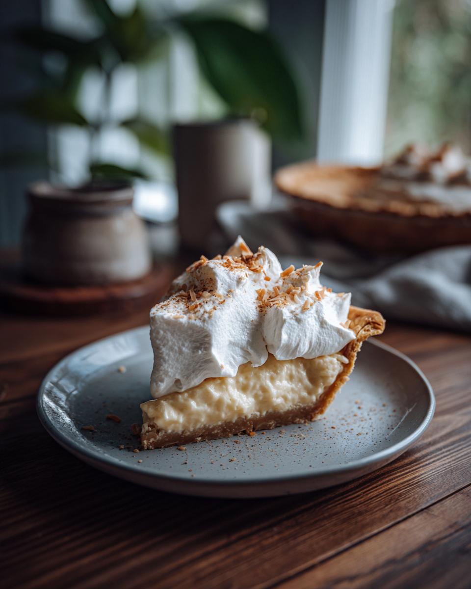 A close-up of a slice of coconut cream pie, topped with whipped cream and toasted coconut flakes, perfect for holiday dessert recipes.