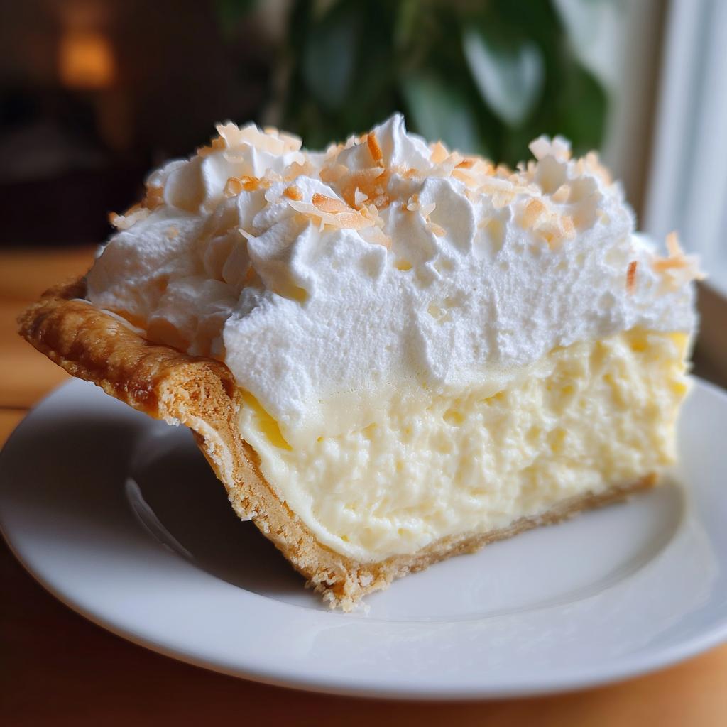 A delicious slice of coconut cream pie, topped with whipped cream and toasted coconut flakes, perfect for dessert recipes.