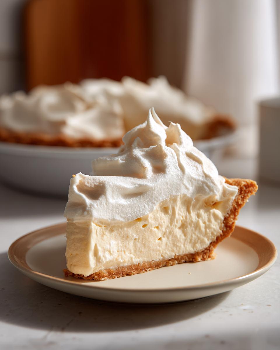 A generous slice of creamy coconut cream pie with a fluffy meringue topping on a plate, perfect for holiday dessert recipes.