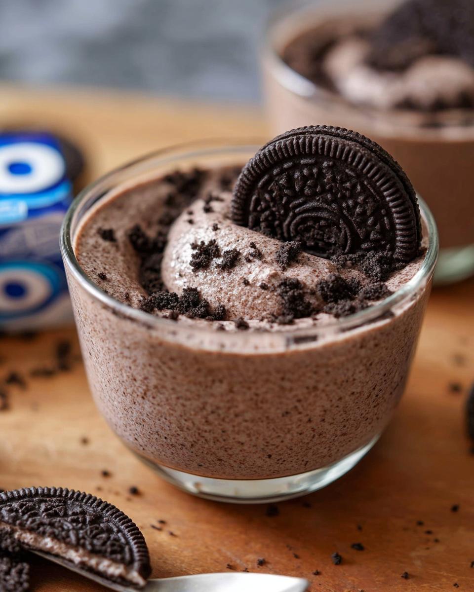 A close-up of a glass filled with creamy Cookies and Cream Mousse, topped with crushed cookies and a whole Oreo cookie.