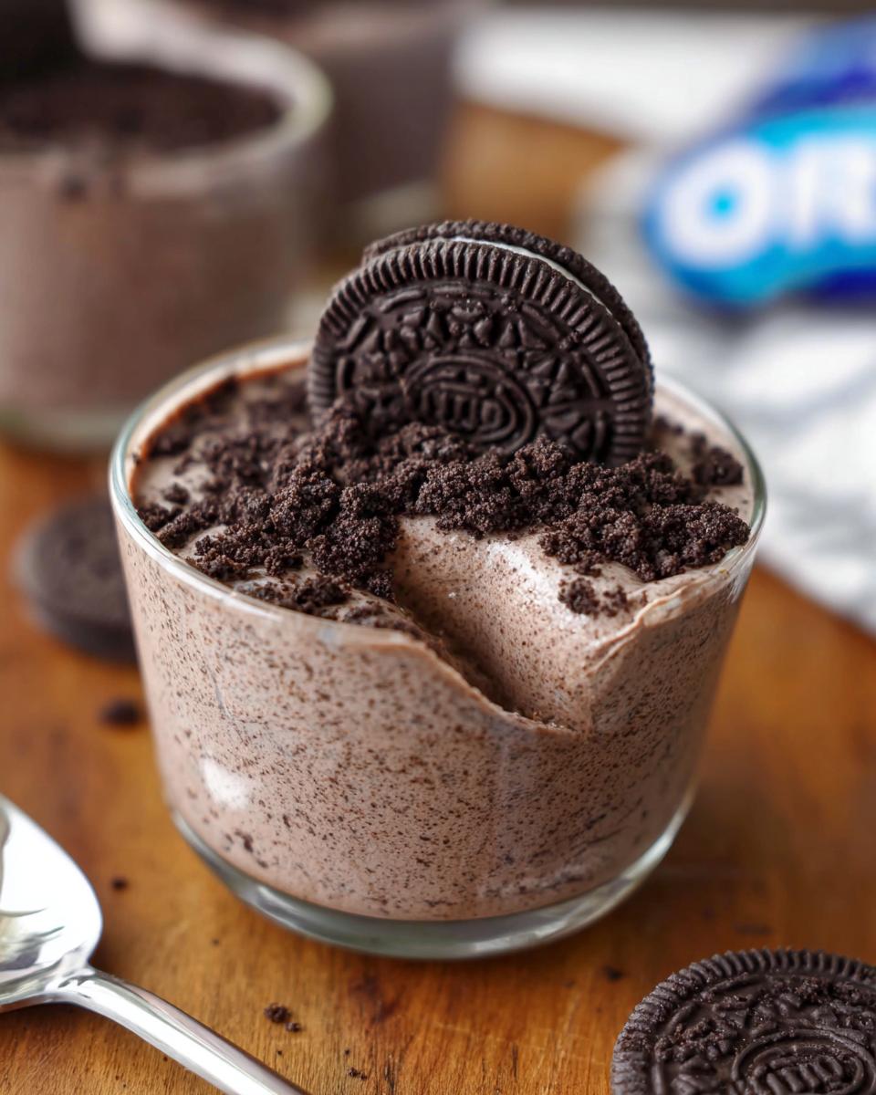 A close-up of a glass of Cookies and Cream Mousse, topped with crushed Oreos and a whole Oreo cookie.