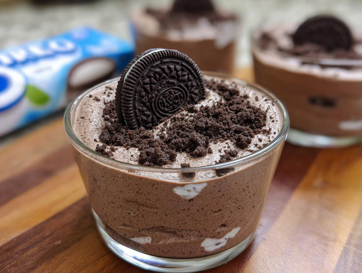 A close-up of a glass of 3-ingredient Cookies and Cream Mousse, topped with crushed Oreos and a whole Oreo cookie.