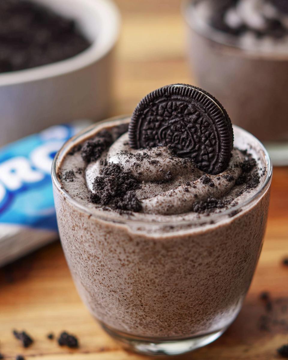 A close-up of a glass filled with Cookies and Cream Mousse, topped with crushed Oreos and a whole Oreo cookie.