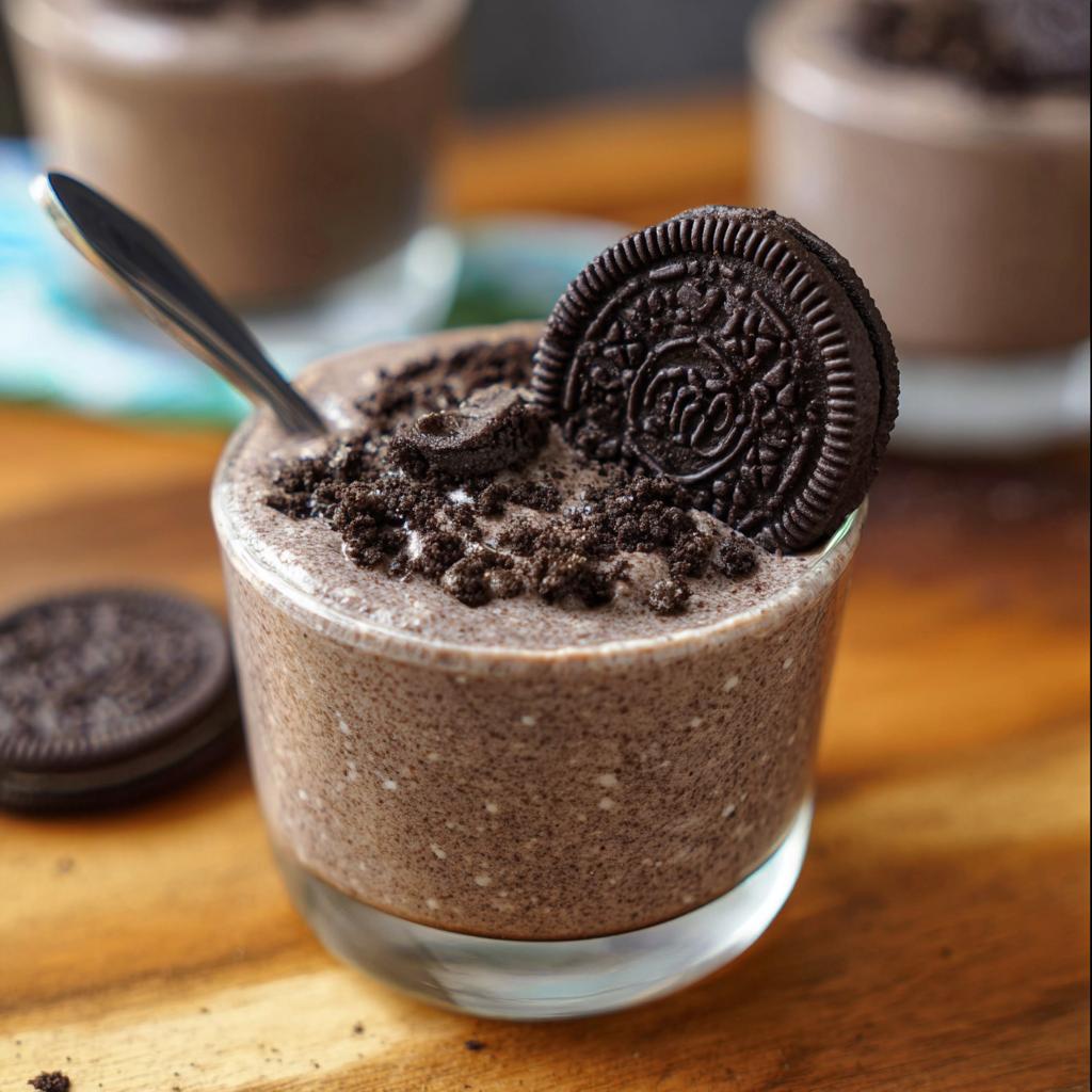 A close-up of a glass of Cookies and Cream Mousse topped with crushed Oreos and a whole Oreo cookie.