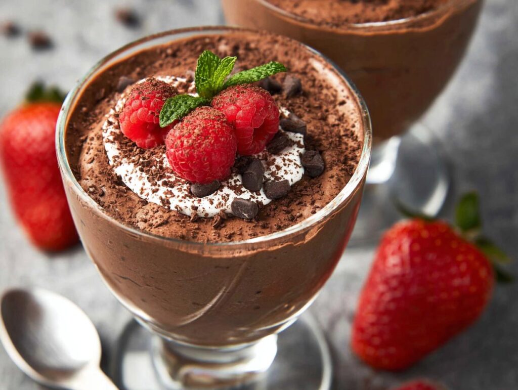 A close-up of Easy Cottage Cheese Chocolate Mousse topped with whipped cream, raspberries, mint, and chocolate shavings.