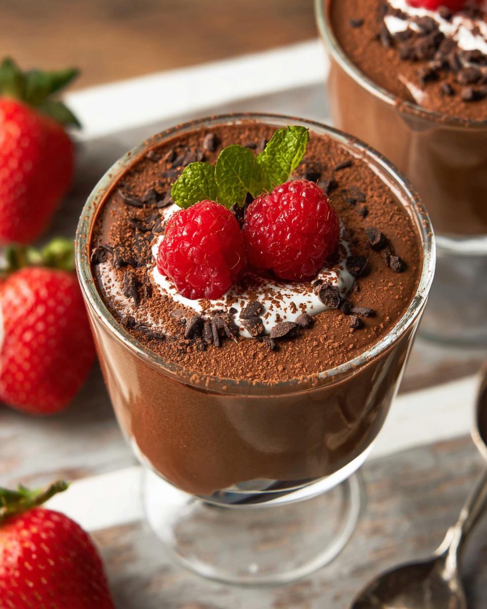 A serving of Easy Cottage Cheese Chocolate Mousse topped with whipped cream, raspberries, mint, and chocolate shavings.