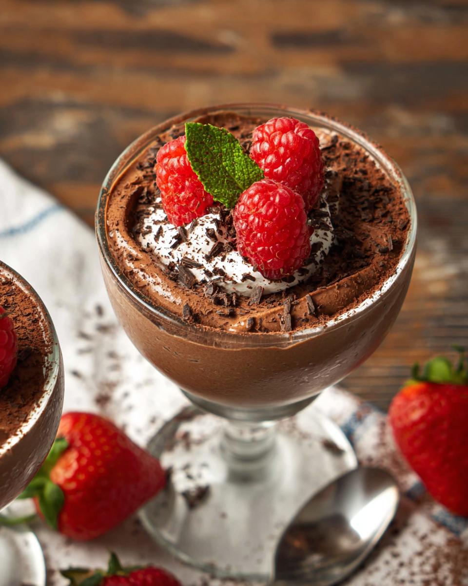 Close-up of Easy Cottage Cheese Chocolate Mousse topped with whipped cream, raspberries, and mint.