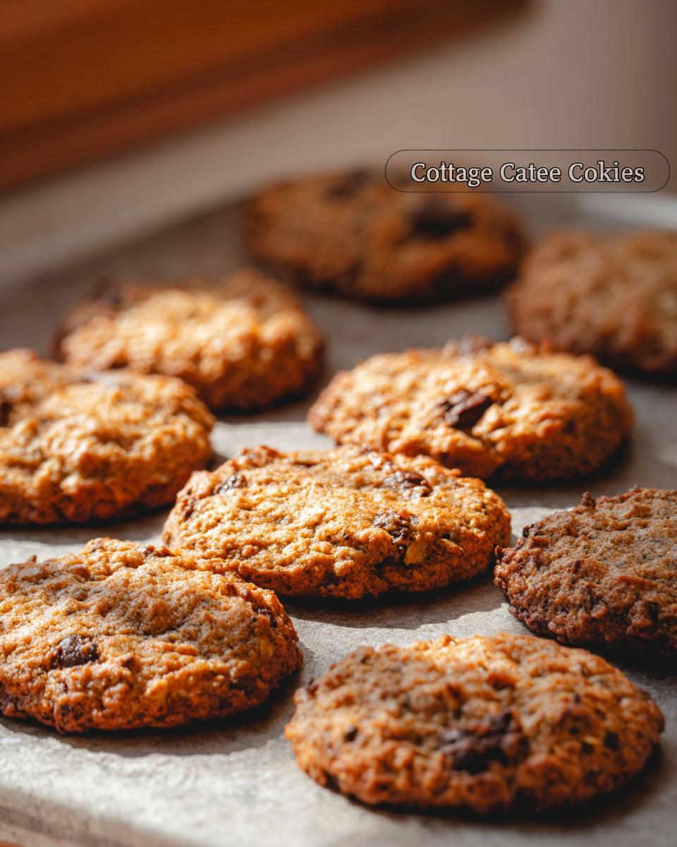 Close-up of freshly baked cottage cheese oatmeal cookies on a baking sheet, ready to be enjoyed.