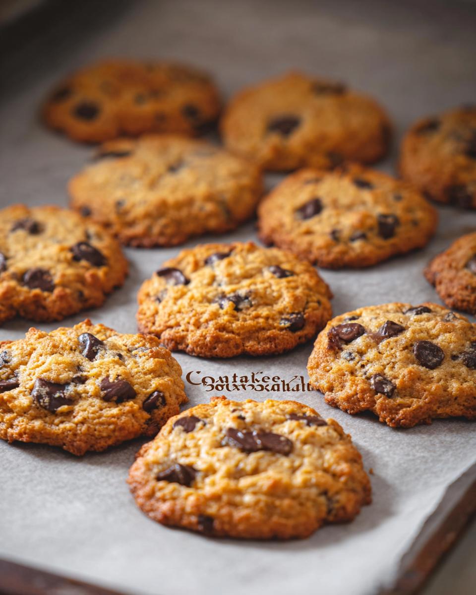 Close-up of freshly baked cottage cheese oatmeal cookies with visible chocolate chips on parchment paper.