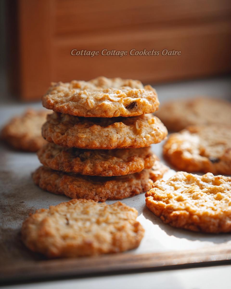 A stack of golden brown cottage cheese oatmeal cookies, with more cookies scattered around.