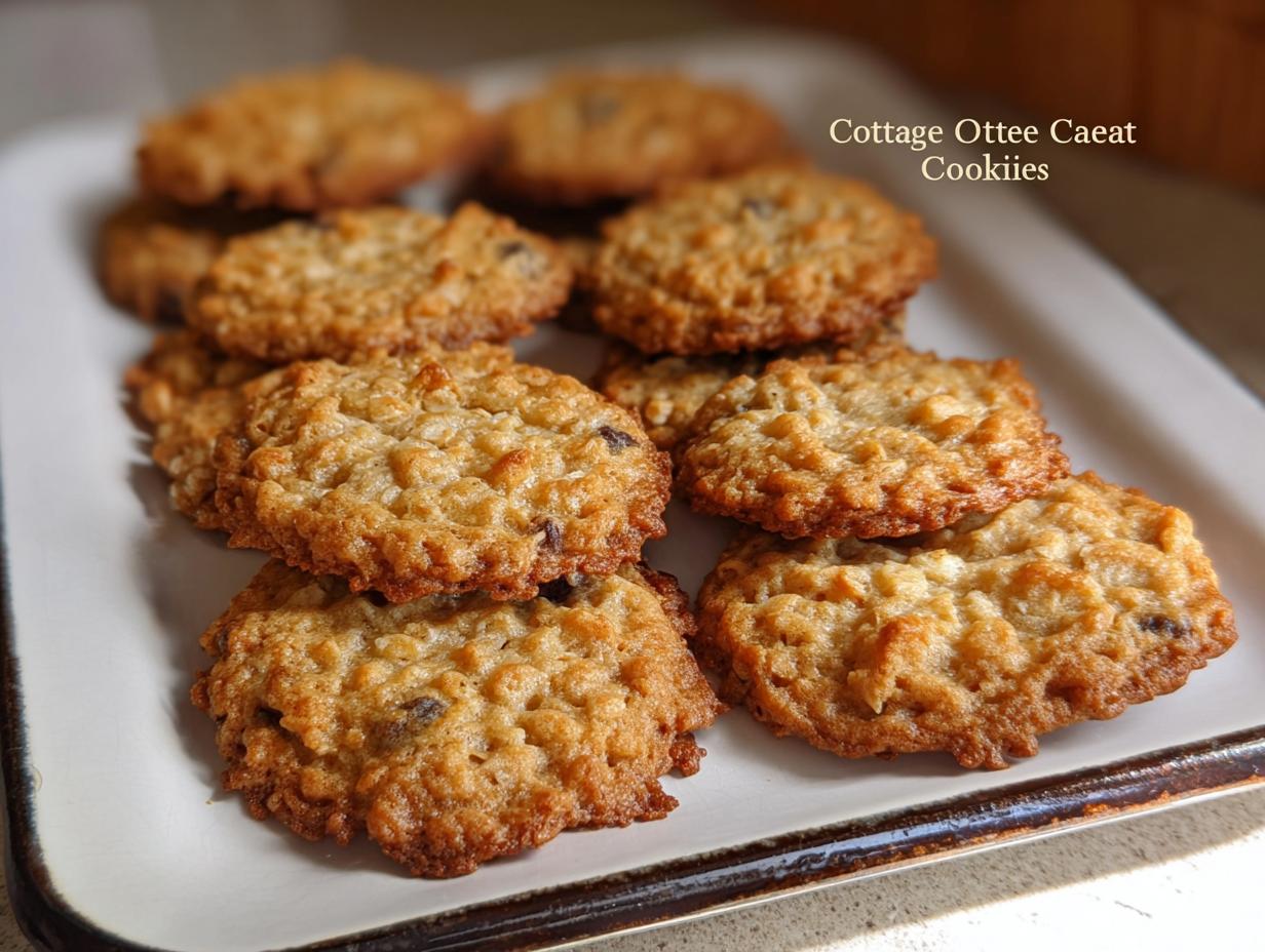 A stack of golden brown Cottage Cheese Oatmeal Cookies on a white plate, showing their textured surface.
