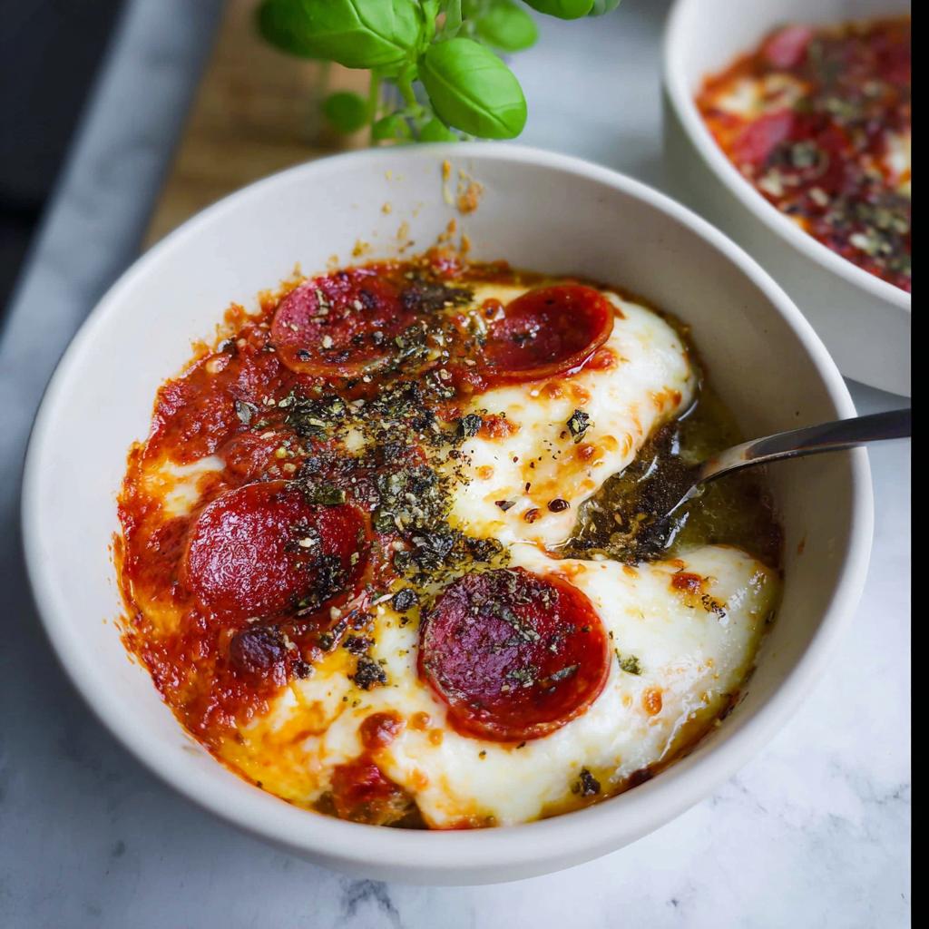 A close-up of a bubbling Cottage Cheese Pizza Bowl topped with melted mozzarella, pepperoni, and herbs, with a spoon digging in.