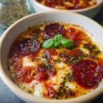 Close-up of a delicious Cottage Cheese Pizza Bowl topped with melted cheese, pepperoni, and fresh basil.