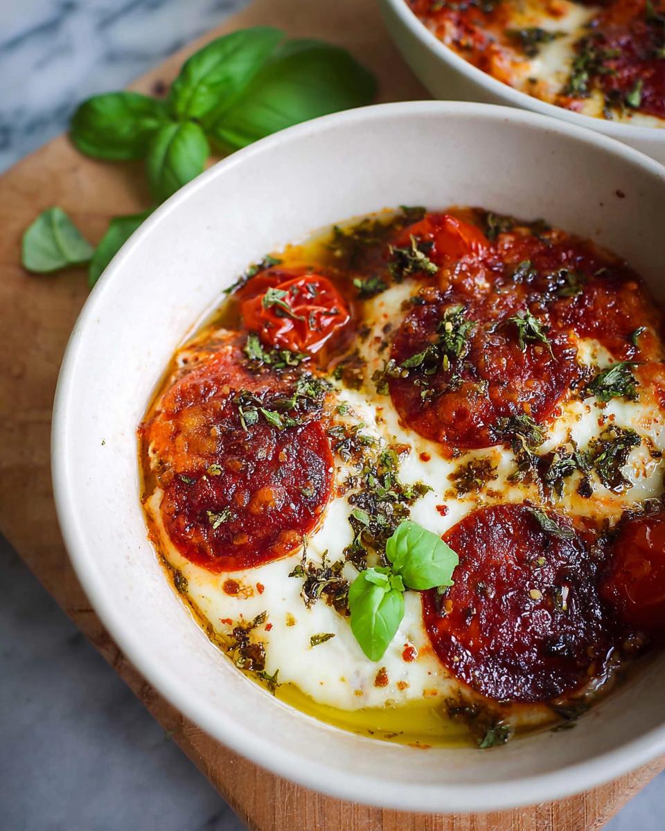 A close-up of a Cottage Cheese Pizza Bowl topped with pepperoni, cherry tomatoes, melted cheese, and fresh basil.