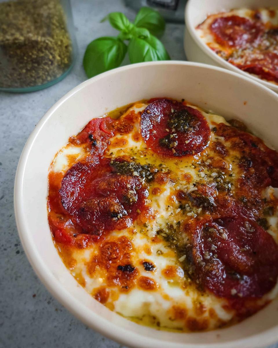 Close-up of a bubbly Cottage Cheese Pizza Bowl topped with melted cheese, pepperoni slices, and herbs.
