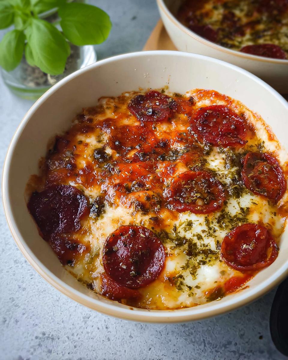 A close-up of a Cottage Cheese Pizza Bowl topped with melted cheese, pepperoni slices, and herbs.