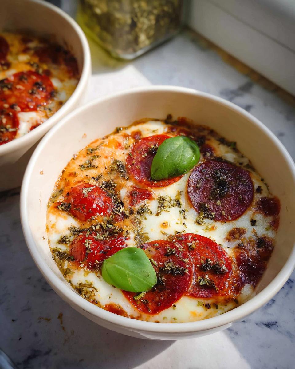 Close-up of a delicious Cottage Cheese Pizza Bowl topped with pepperoni, cherry tomatoes, melted cheese, and fresh basil leaves.