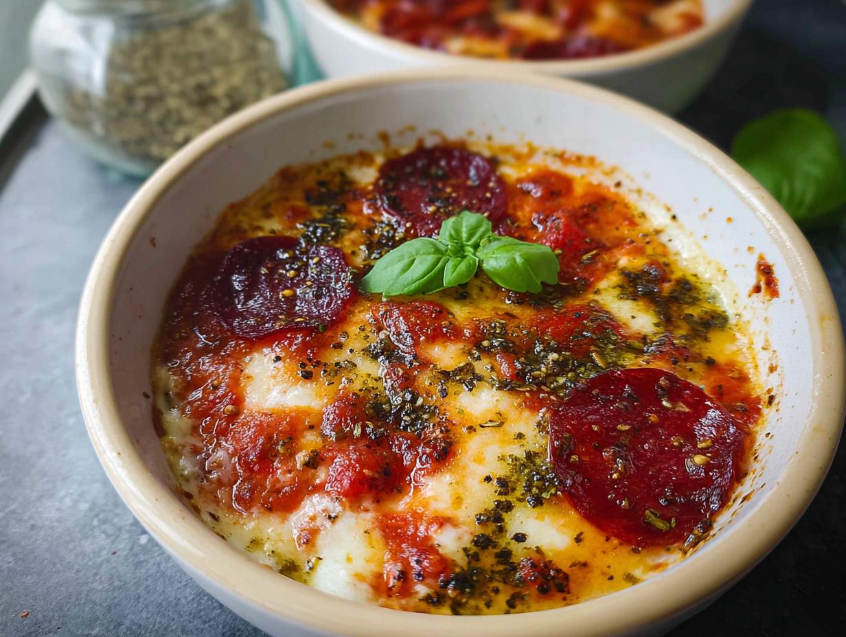 Close-up of a delicious Cottage Cheese Pizza Bowl topped with melted cheese, pepperoni, and fresh basil.