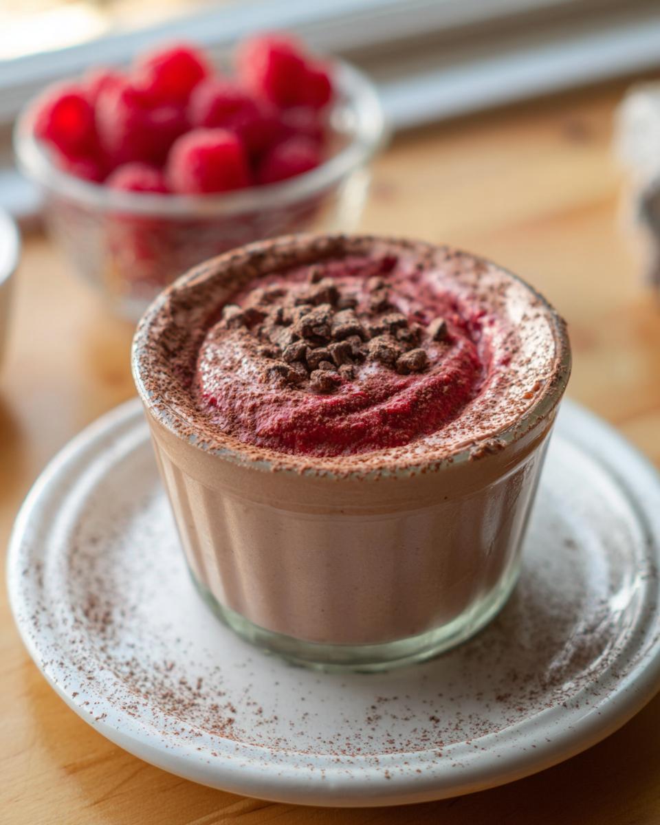 A single serving of Cottage Cheese Raspberry Mousse topped with chocolate shavings and cocoa powder.