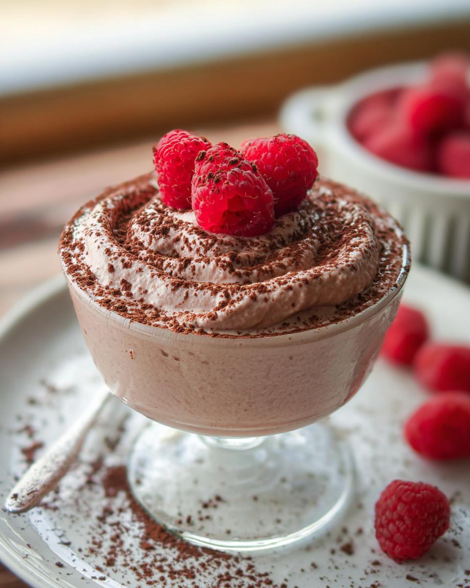 A serving of creamy Cottage Cheese Raspberry Mousse topped with fresh raspberries and cocoa powder.