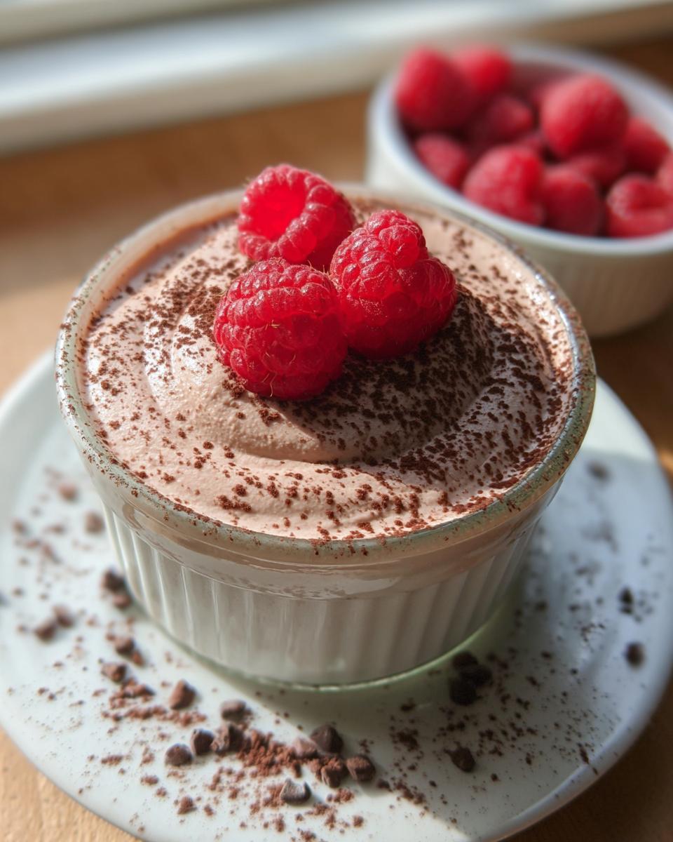 A close-up of Cottage Cheese Raspberry Mousse topped with fresh raspberries and cocoa powder, served in a ramekin.