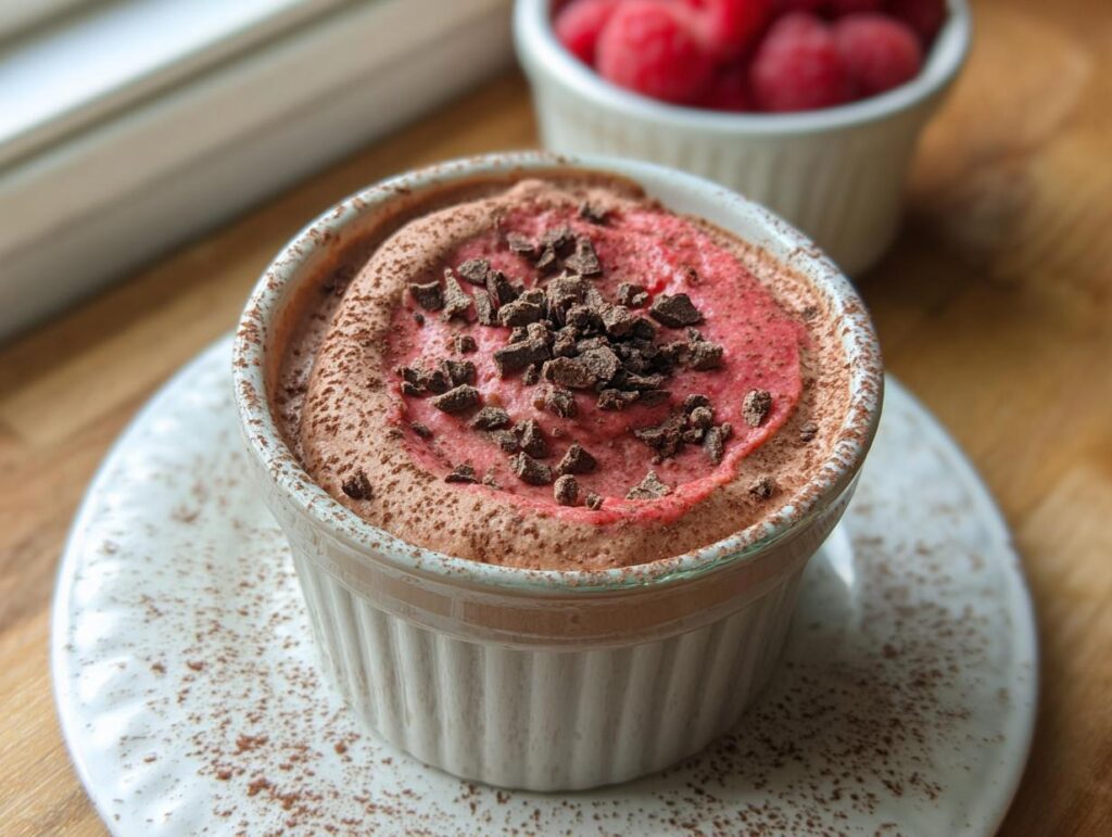 A close-up of a creamy Cottage Cheese Raspberry Mousse topped with chocolate shavings in a white ramekin.
