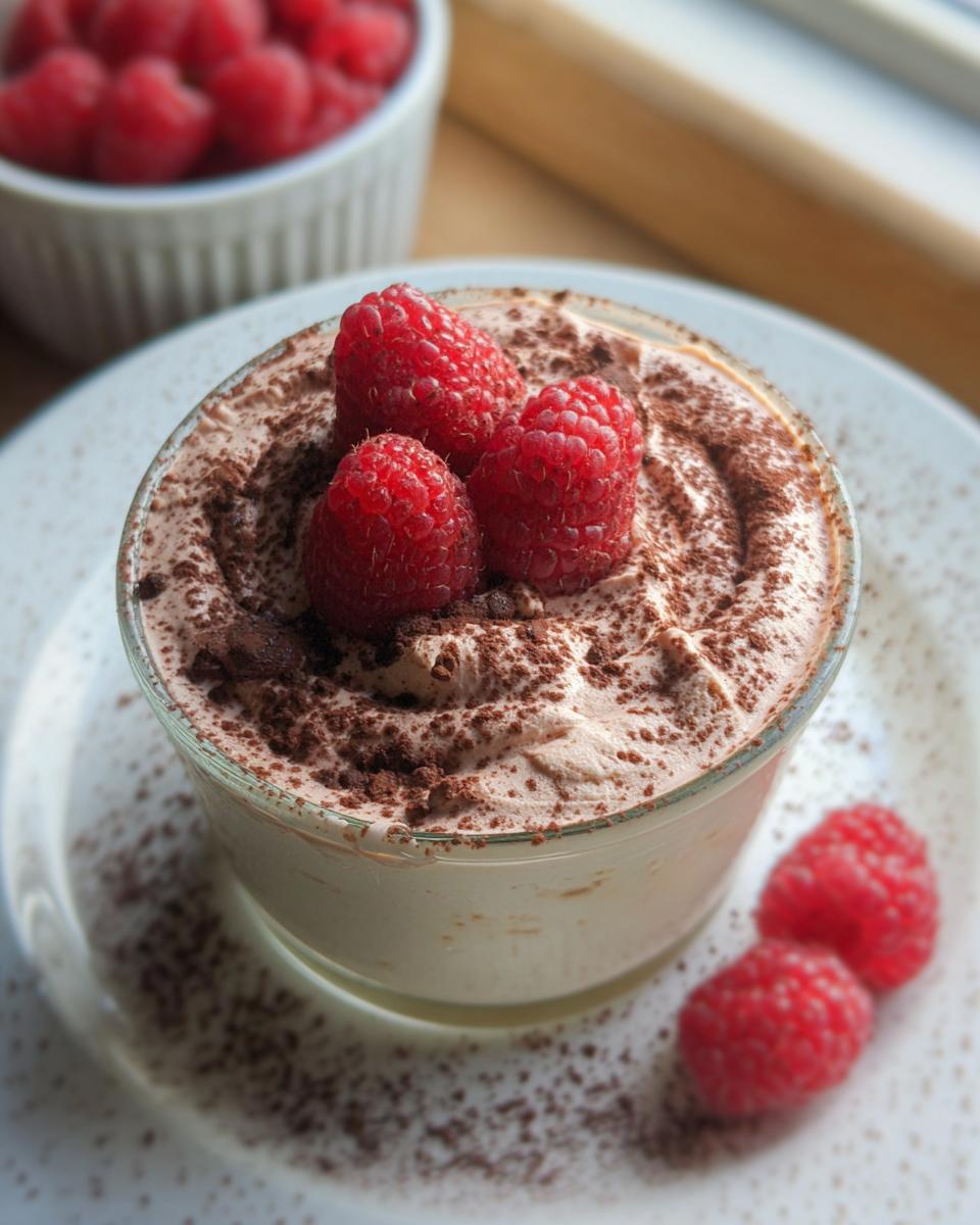 A close-up of a glass bowl filled with creamy Cottage Cheese Raspberry Mousse, topped with fresh raspberries and dusted with cocoa powder.