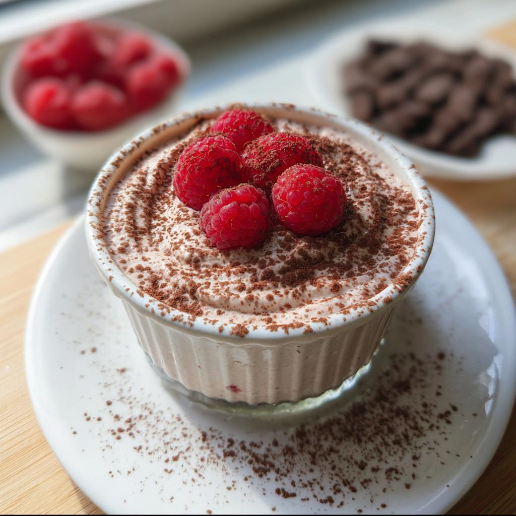A serving of creamy Cottage Cheese Raspberry Mousse topped with fresh raspberries and dusted with cocoa powder.