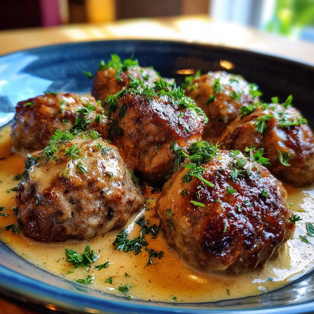 A close-up of a dark blue bowl filled with delicious Swedish meatballs in a creamy sauce, garnished with fresh parsley.