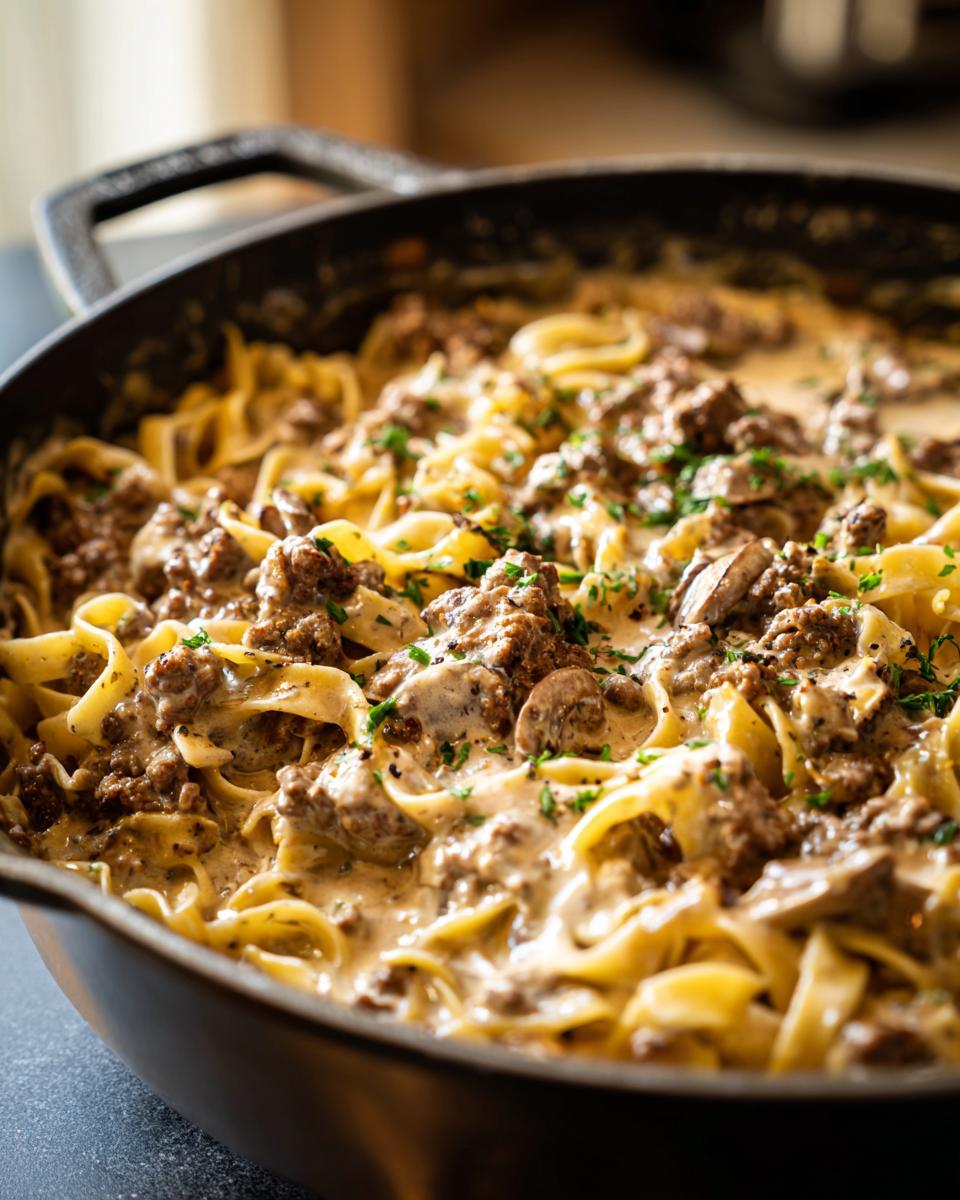 Close-up of a skillet filled with creamy Beef Stroganoff, featuring ground beef, mushrooms, and egg noodles, garnished with parsley.